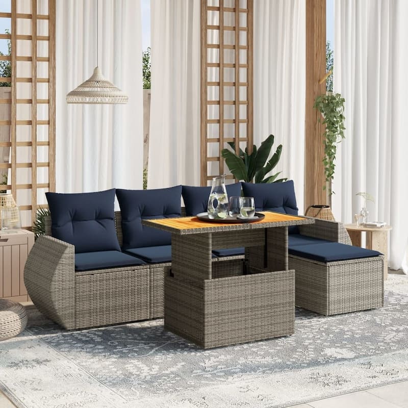vidaXL Patio Sofa Set with Cushions Outdoor Furniture 6 Piece Poly Rattan - Grey - 21.7 x 24.4 x 27.2