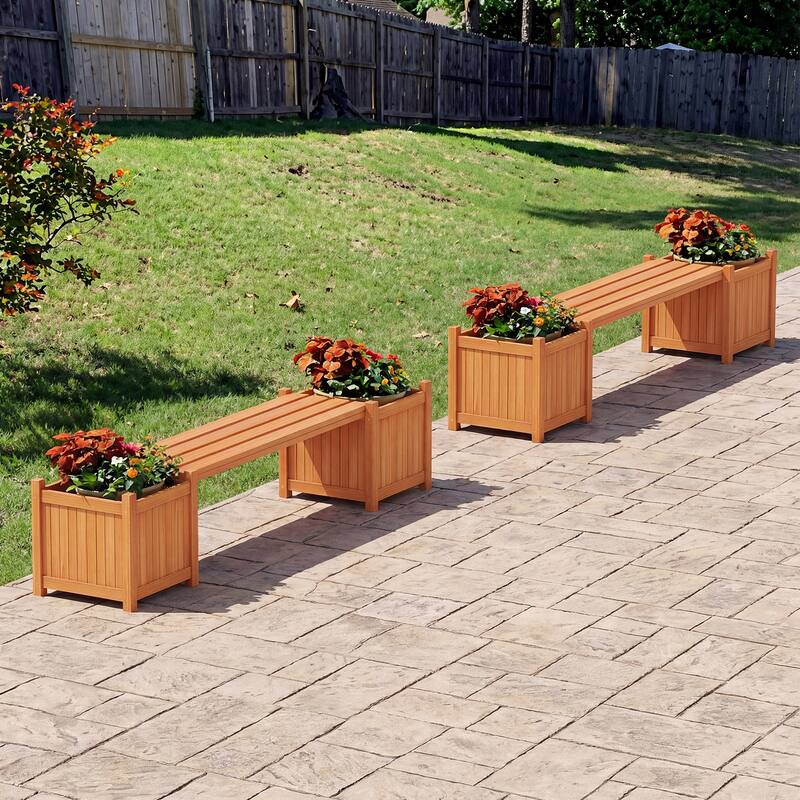 Gymax Wood Outdoor Planter Boxes w/ Detachable Bench 2 Elevated Mini
