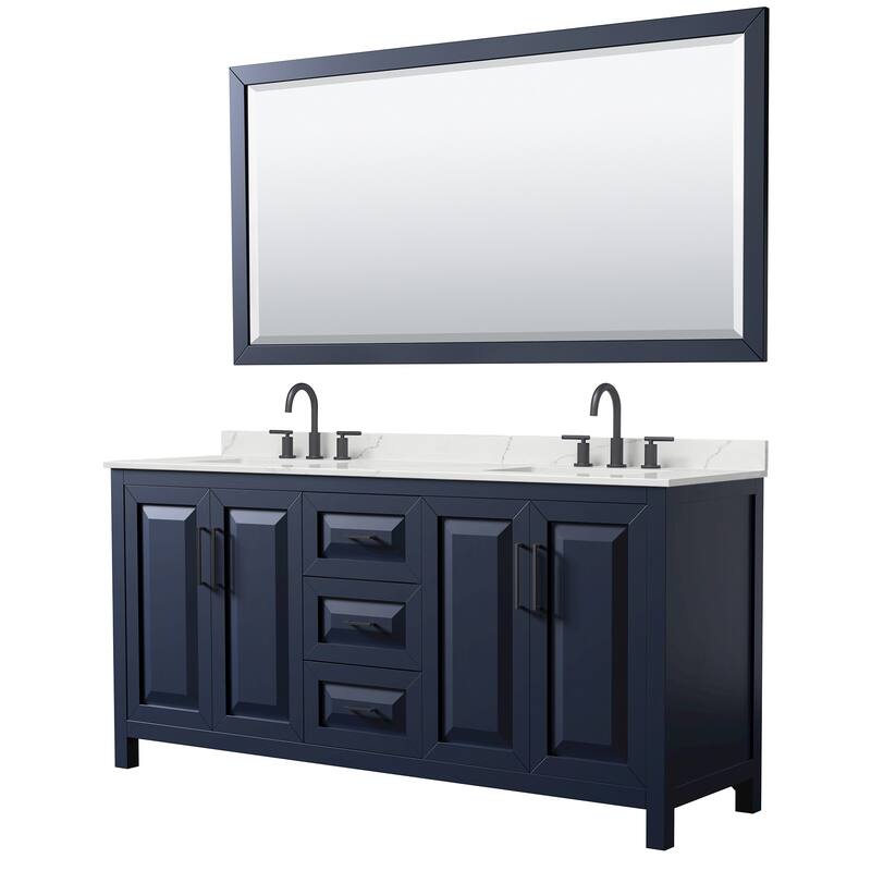 Daria 72-inch Double Vanity, 3 Hole Quartz Top, 70-inch Mirror - Dark Blue, Black Trim, Giotto Quartz Top
