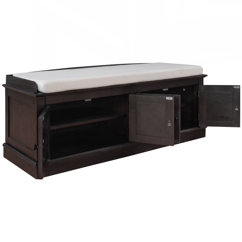Storage Bench with 4 Doors and Adjustable Shelves, Shoe Bench with Removable Cushion for Living Room, Entryway