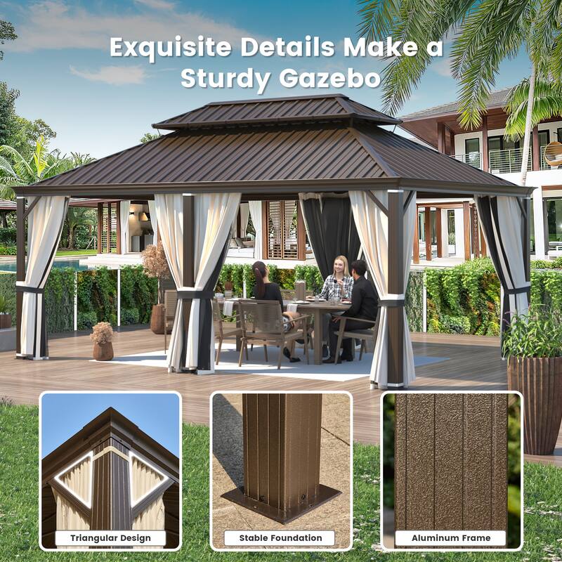 EROMMY Hardtop Gazebo with Galvanized Steel Roof and Curtains, Outdoor Aluminum Pavilion for Patio, Backyard, Lawn