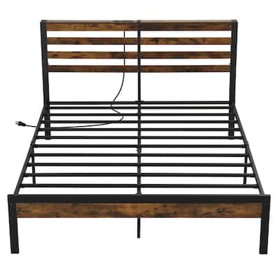 Costway Full Industrial Metal Platform Bed Frame Charging Station