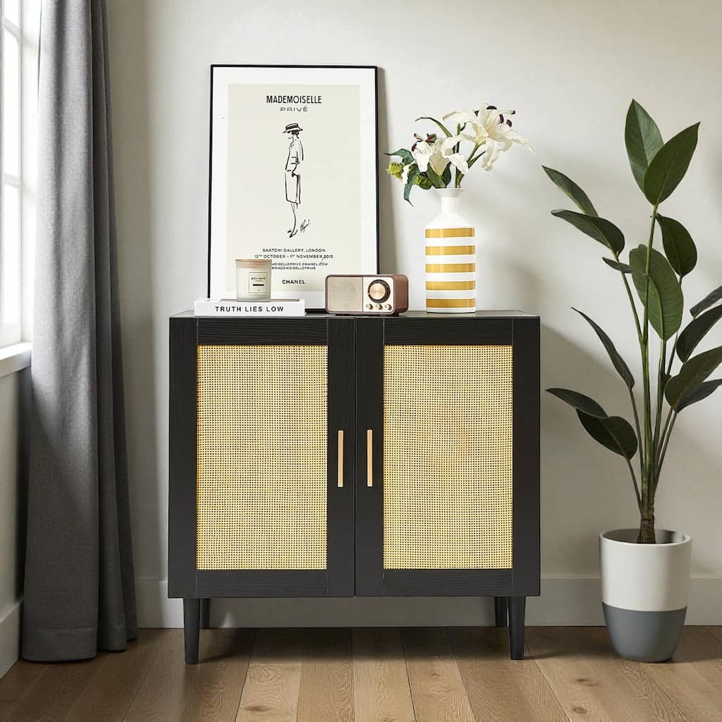 Modern Rattan Buffet Cabinet with Adjustable Shelves, Quiet-Close Doors, and Storage for Living Room or Bedroom