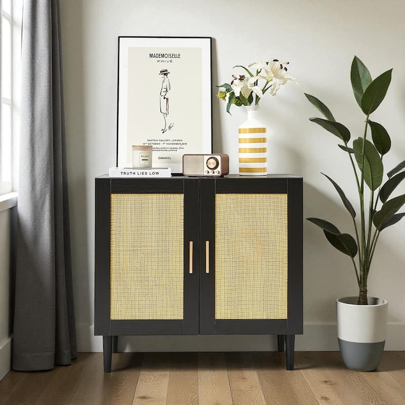 Modern Rattan Buffet Cabinet with Adjustable Shelves, Quiet-Close Doors, and Storage for Living Room or Bedroom - Black