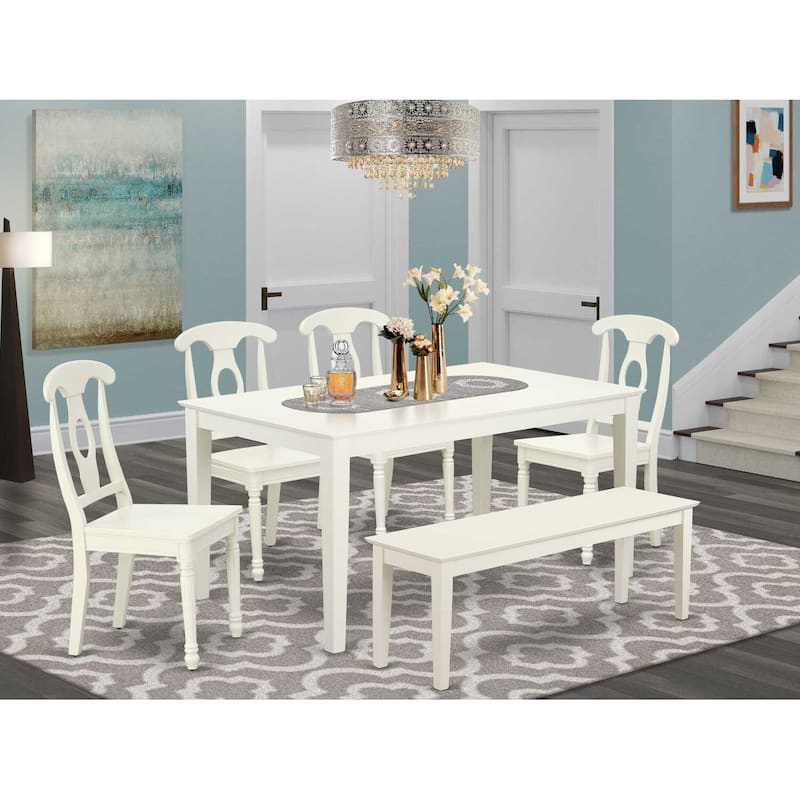 Country Cottage Dining Set 6pc - 60 Inch Table, 4 Chairs, Bench - Farmhouse Style