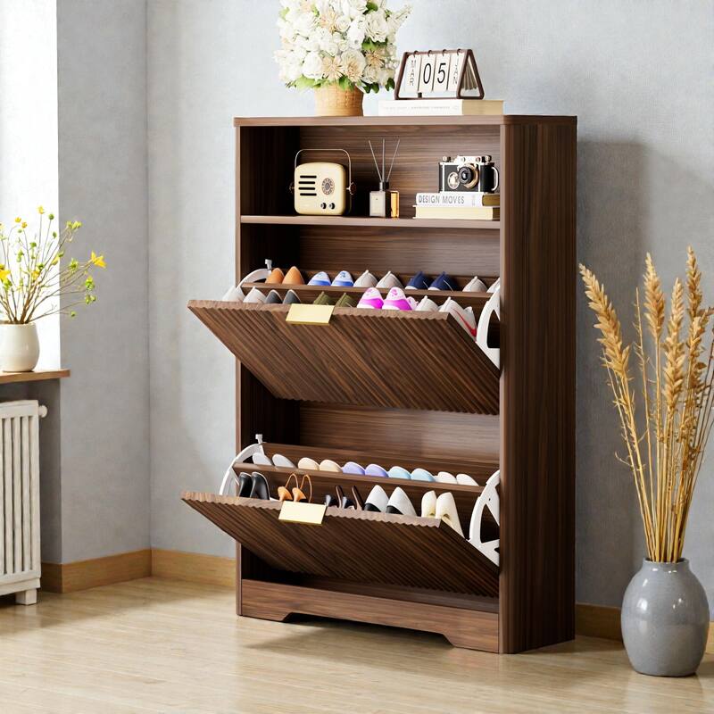 Modern Shoe Cabinet with 2 Flip Drawers, Tall Hidden Shoe Storage Organizer for Entryway, Hallway & Foyer