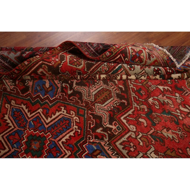 Geometric Heriz Persian Vintage Area Rug Hand-Knotted Red Wool Carpet - 7'5"x 10'9"