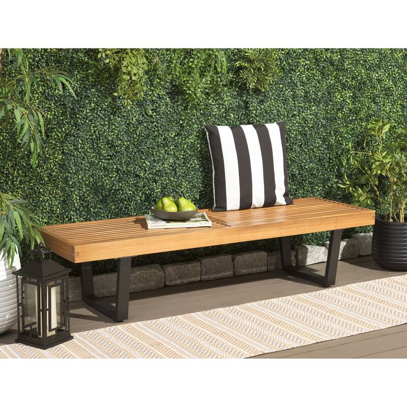 SAFAVIEH Outdoor Patio Furniture Heather Solid Wood Slatted Rectangular Bench - 60"W x 19"D x 14"H - Natural/Black
