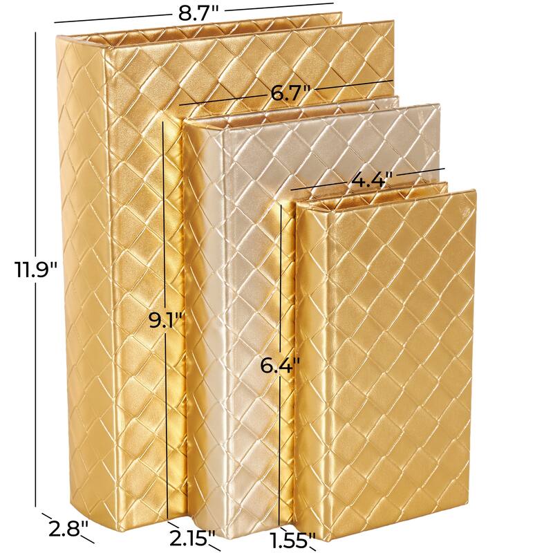 Gold Faux Leather Faux Book Storage Decorative Box with Metallic Finish (Set of 3)