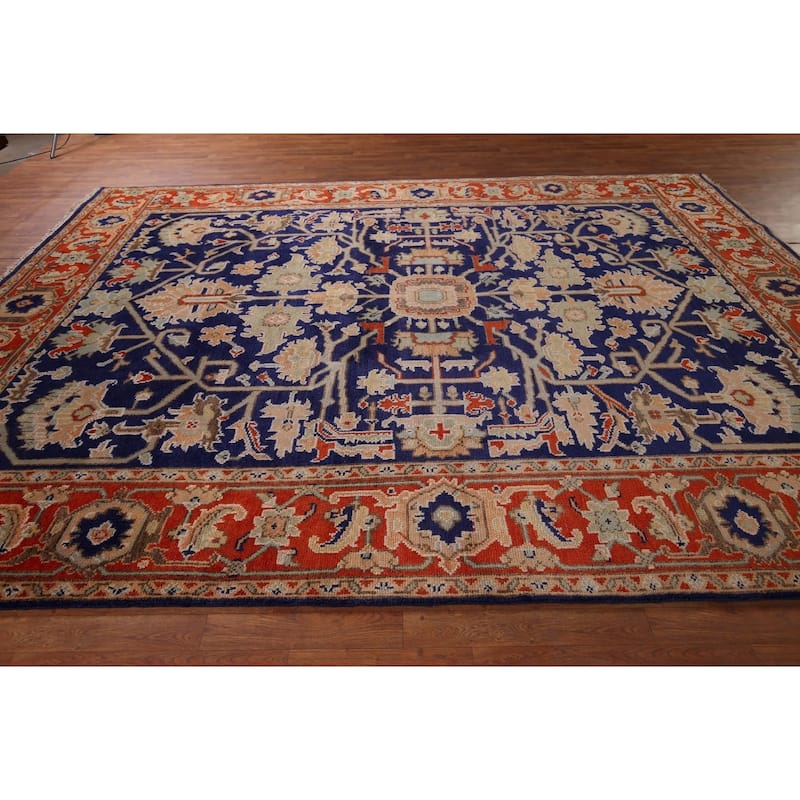 Heriz Serapi Indian Area Rug Hand-Knotted Blue Oriental Wool Carpet - 8'10" x 11'9"