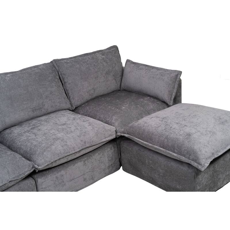 93.31" Linen Modular Sectional Sofa with Movable Ottoman, Solid Wood Frame, and High-Resilience Foam Cushions