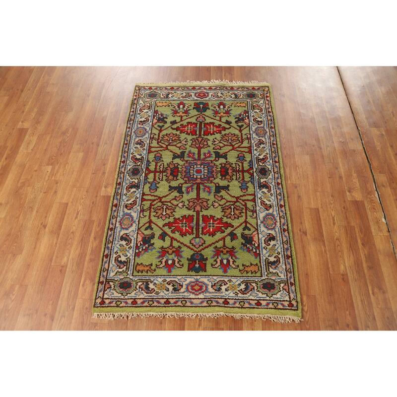 Hand Knotted Oriental 100% Wool Carpet Transitional Floral Green Oushak Area Rug - 4' 11'' X 3' 1''