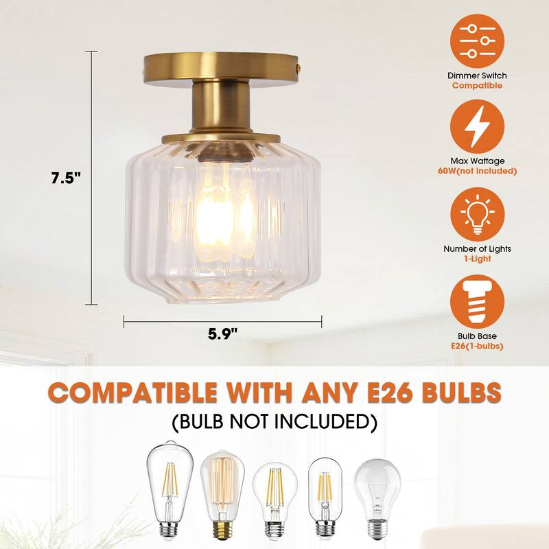 Modern Gold Glass Small Semi Flush Mount Ceiling Fixture - D 5.9" x H 7.5"