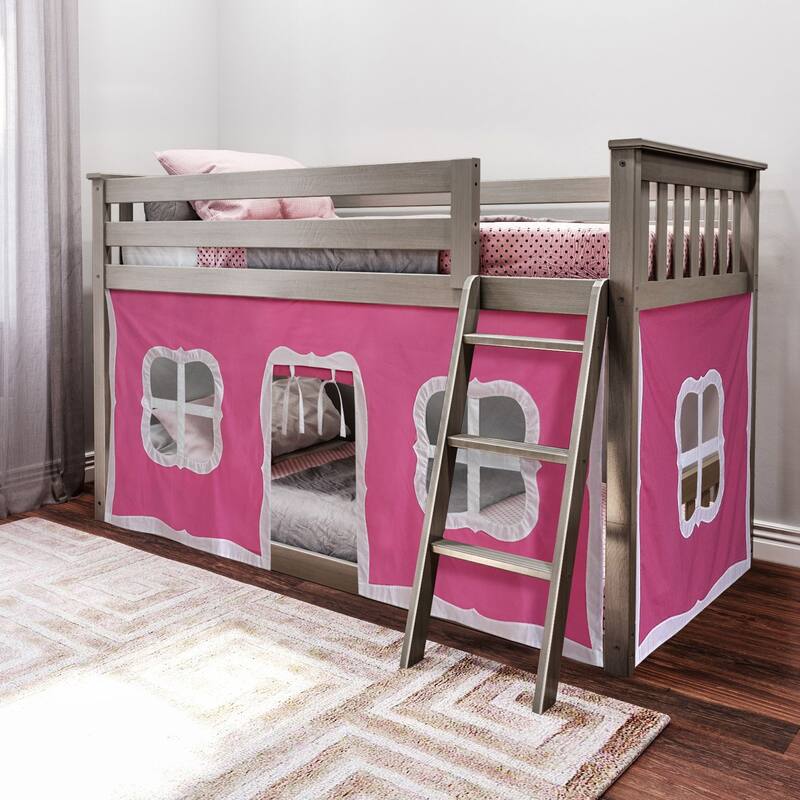 Max and Lily Twin over Twin Low Bunk with Curtains - Clay with Pink/White Curtain