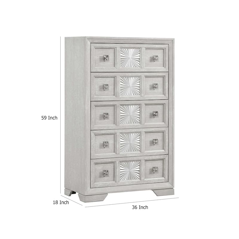 Diaz Tall Dresser Chest, 5 Drawers, Sunburst Metal Design, Light Gray