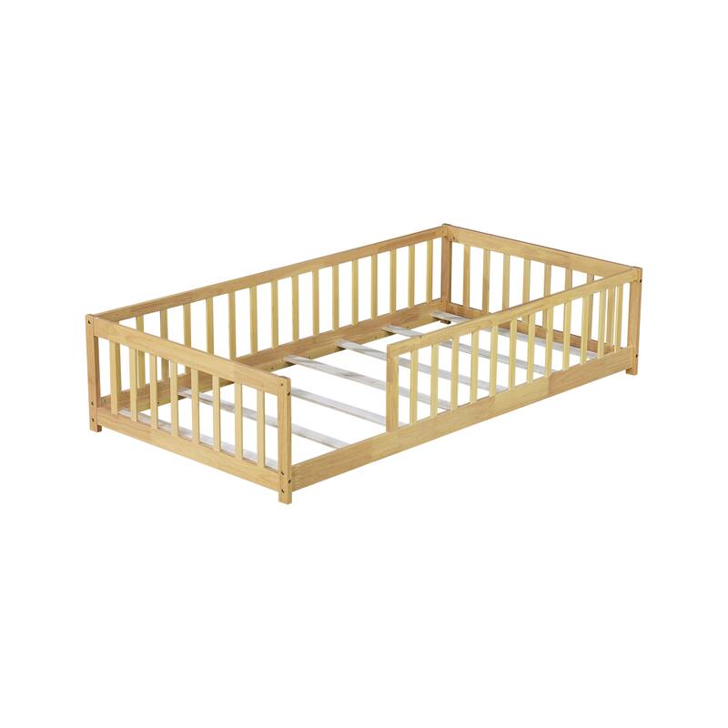 Twin Size Floor Bed with Fence without Door, Rubber Wood Floor Bed with Safety Guardrails,Natural