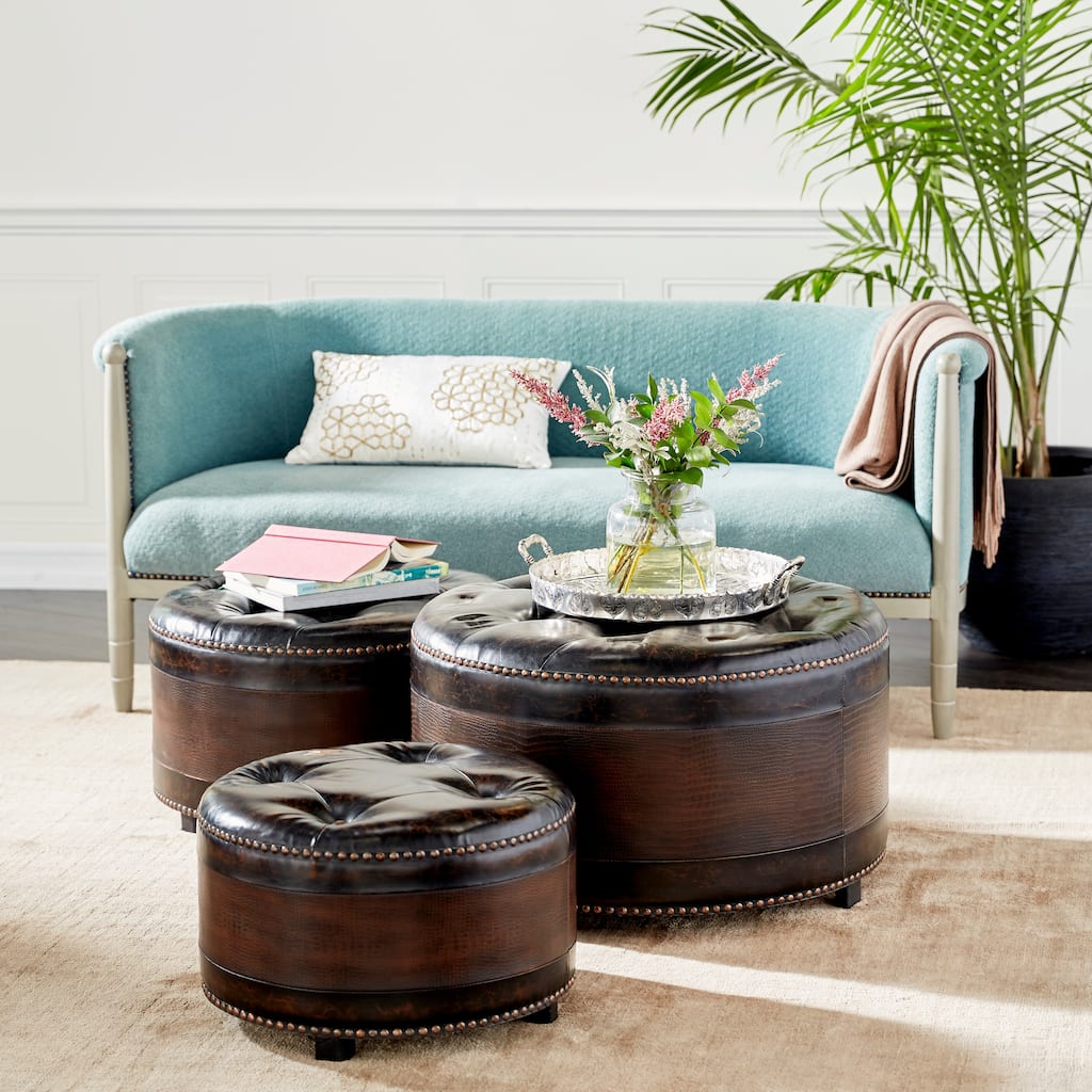 Dark Brown Wooden Storage Ottoman with Tufted Top (Set of 3)