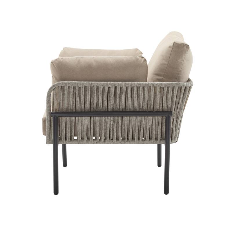 [Set of 2] 36" Beige Iron Lounge Chair with Rope Weave Design and Plush Cushions, Perfect for Indoor and Outdoor Relaxation