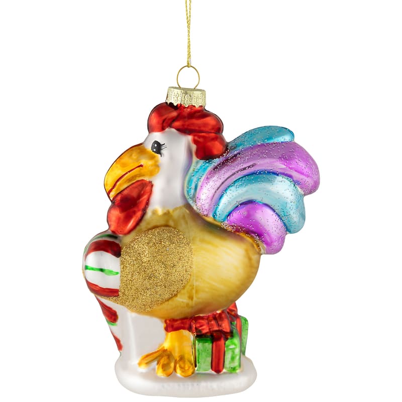 5" Gold and Red Rooster Glass Christmas Ornament