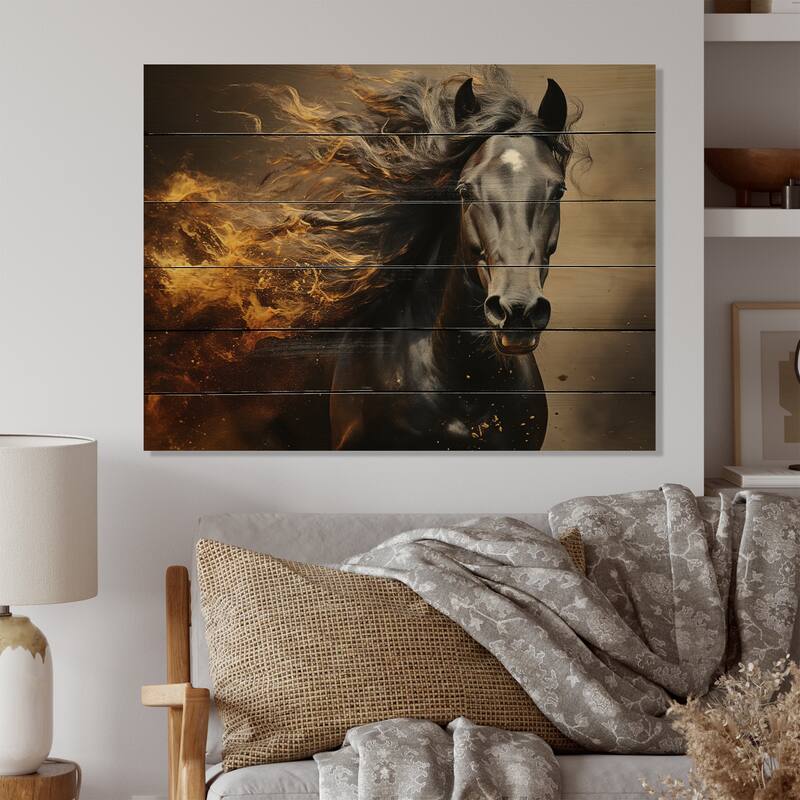 Designart "Black Yellow Horse Vibrant Gold Equine I" Animals Print on Natural Pine Wood