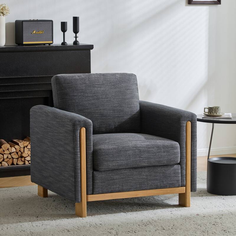 Roomfitters Upholstered Armchair with Wood Frame, Modern Fabric Lounge Accent Chair - Charcoal,Natural