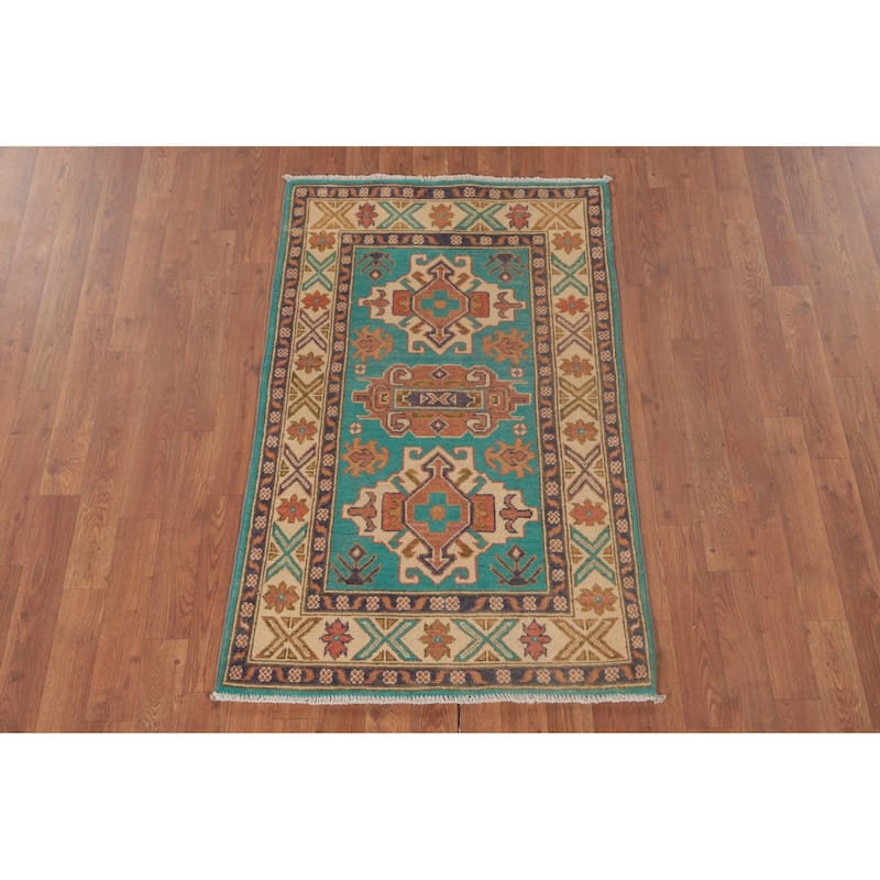 Turquoise Green Kazak Oriental Foyer Rug Handmade Wool Carpet - 2'7" x 4'3"