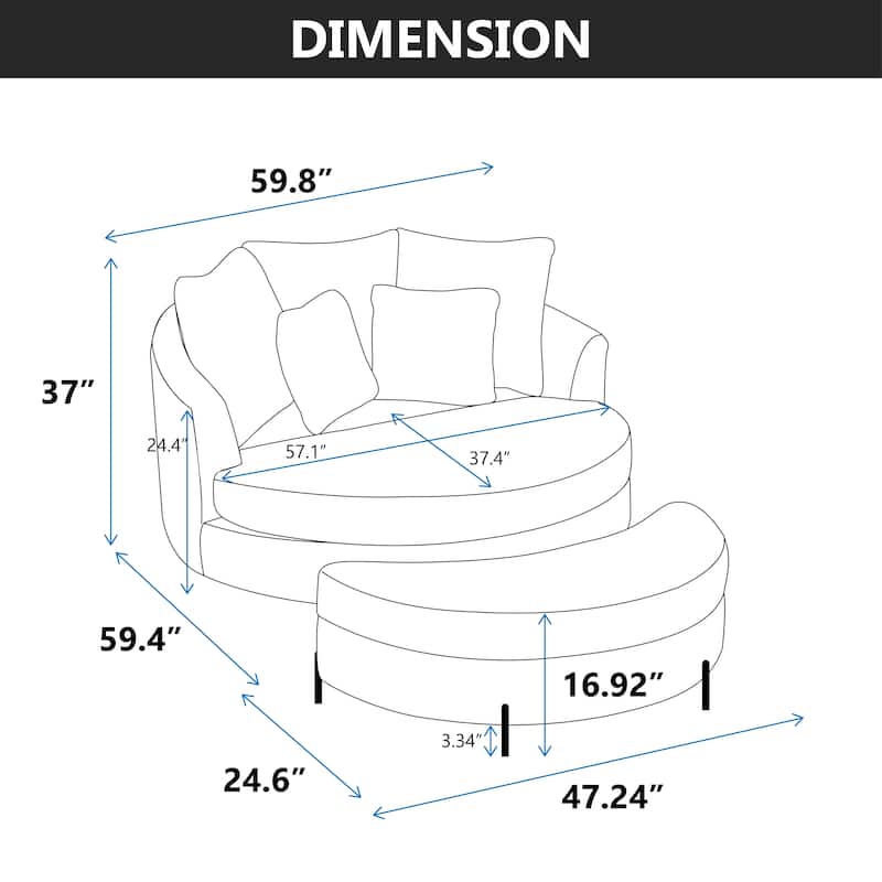 59.8''W Oversized Sofa Chair Set, Round Accent Barrel Chair With 5 Pillows and 1 Storage Ottoman