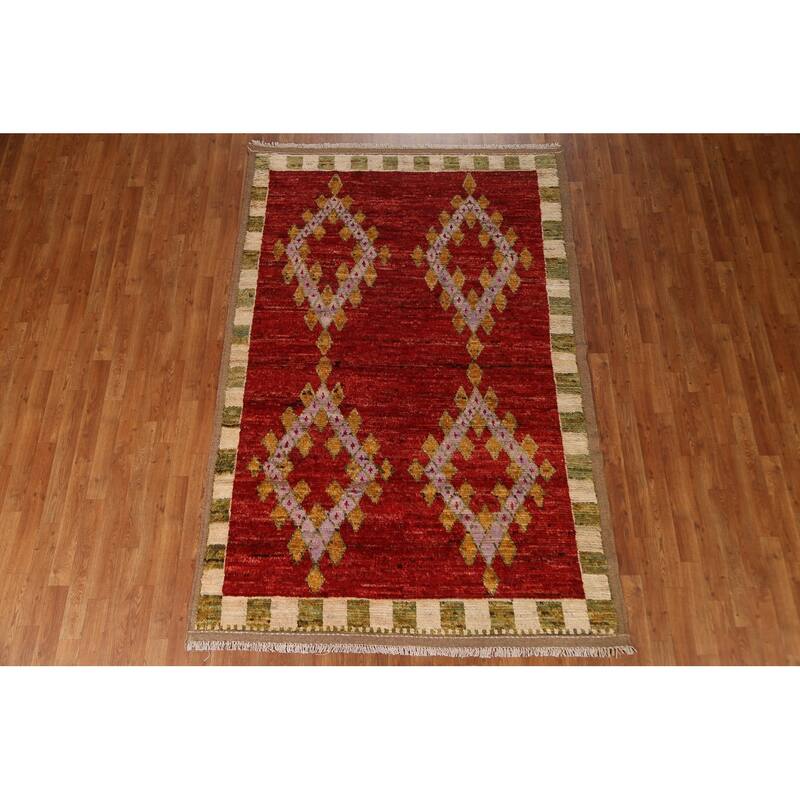 Hand Knotted Oriental 100% Wool Carpet Modern Geometric Red Moroccan Area Rug - 8' 2'' X 5' 5''