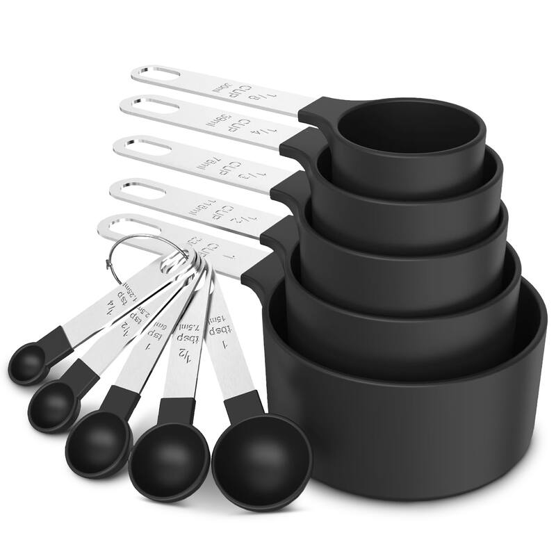 Cheer Collection Measuring Cups and Spoons Set for Precise Cooking and Baking 10 Piece Nesting Design - Black