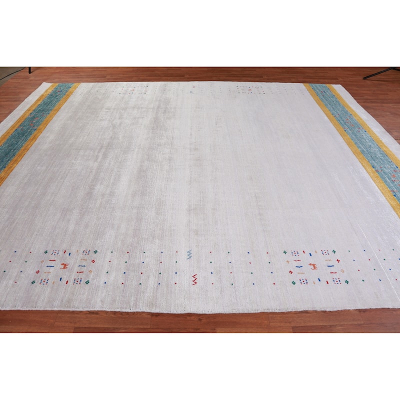 Hand Knotted Oriental 100% Wool Carpet Tribal Stripe Greys & Charcoal Gabbeh Area Rug - 12' 0'' X 9' 2''