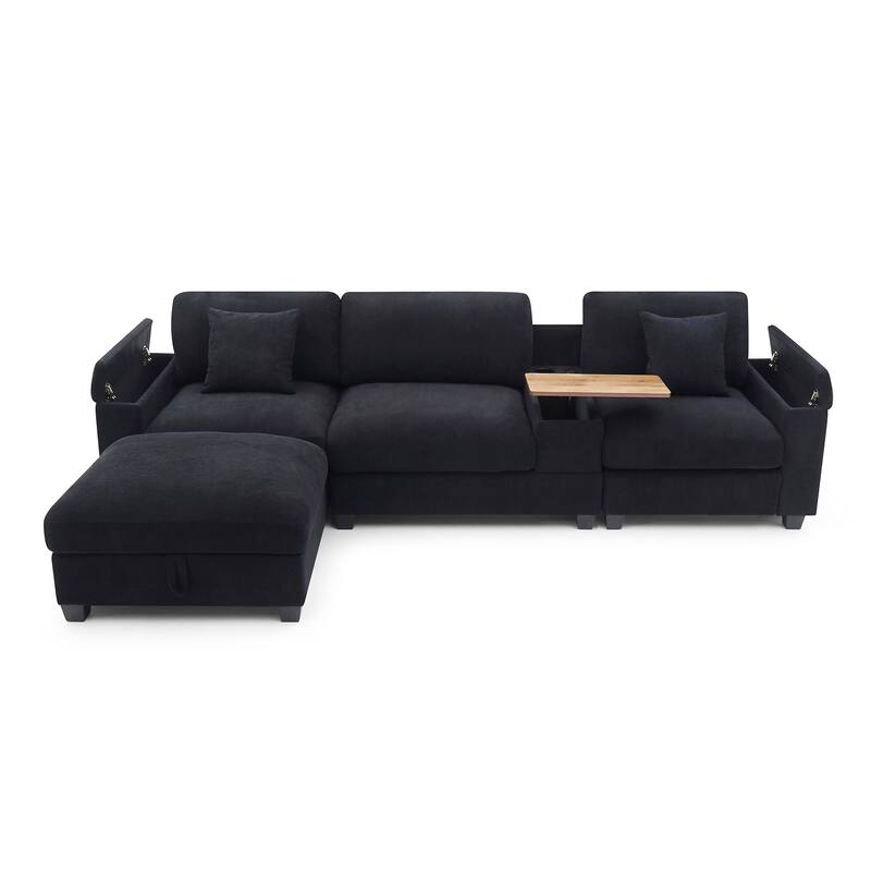 L-Shaped Oversized Couch,Drop Down Table,360-degree Swivel tray,Cup Holders,USB Charger,Storage Ottoman and Armrest
