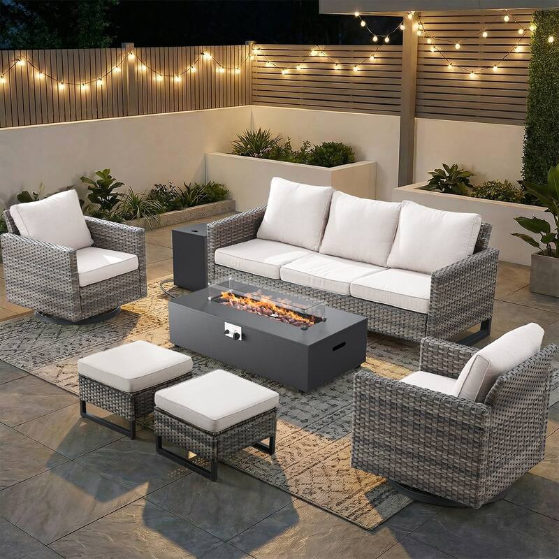 Pocassy Patio 5/7PCS Sofa Swivel Chair Ottoman with Fire Pit Table - Gray Wicker Beige Cushion - 7-Piece Sofa Swivel Chair Ottoman with Fire Table