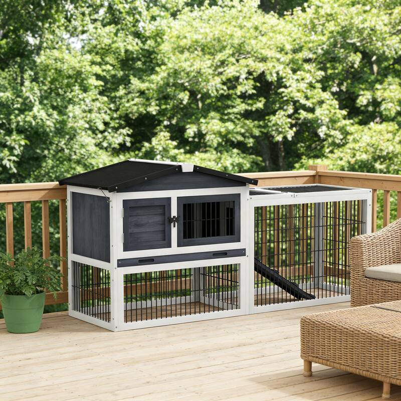 Outdoor Pet House,Rabbit Hutch,Small Animal Hutch Cage is designed for convenient cleaning - Black,Dark Gray+White