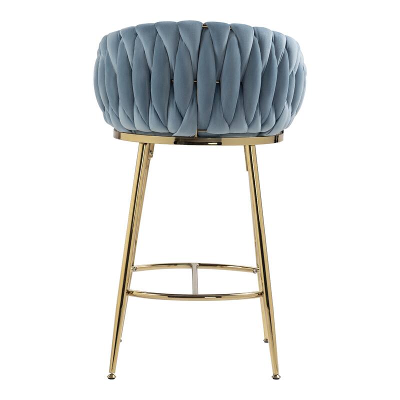 Versatile Counter Height Bar Stools Set of 2 Velvet Armchairs with Wave Braided Curved Back, Golden Chromed Legs and Footrest