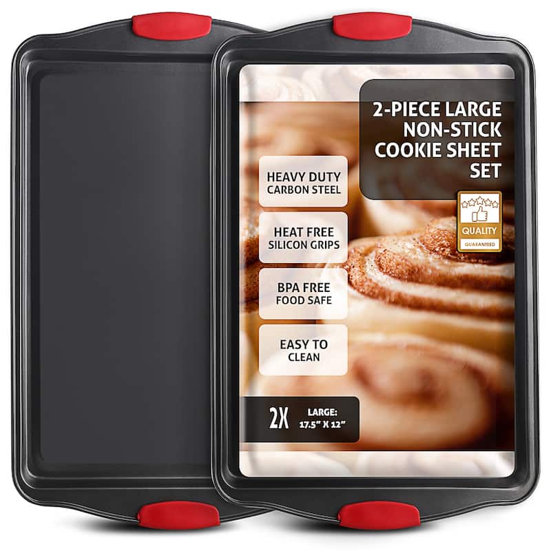 JoyTable Nonstick Steel Baking Sheet - 2PC Cookie Sheet Set with Silicone Handles - Black BPA Free Baking Pan for Oven - 2 Large