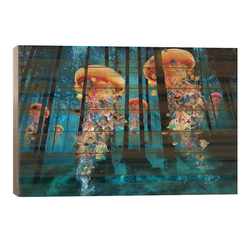 Electric Jellyfish In A New Blue Forest Print On Wood by David Loblaw - Multi-Color - 18x26x1.5