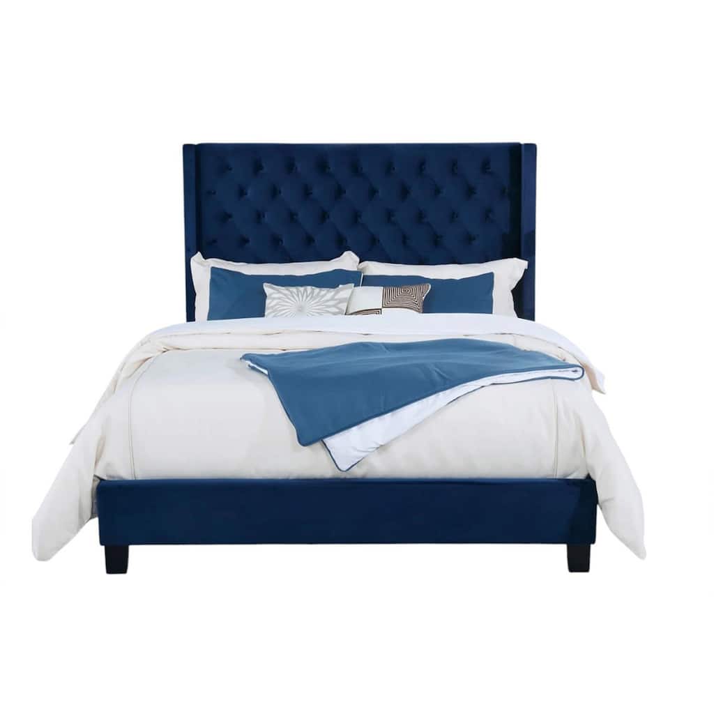 Hiu King Size Bed, Wingback Headboard, Navy Blue Velvet Like Upholstery