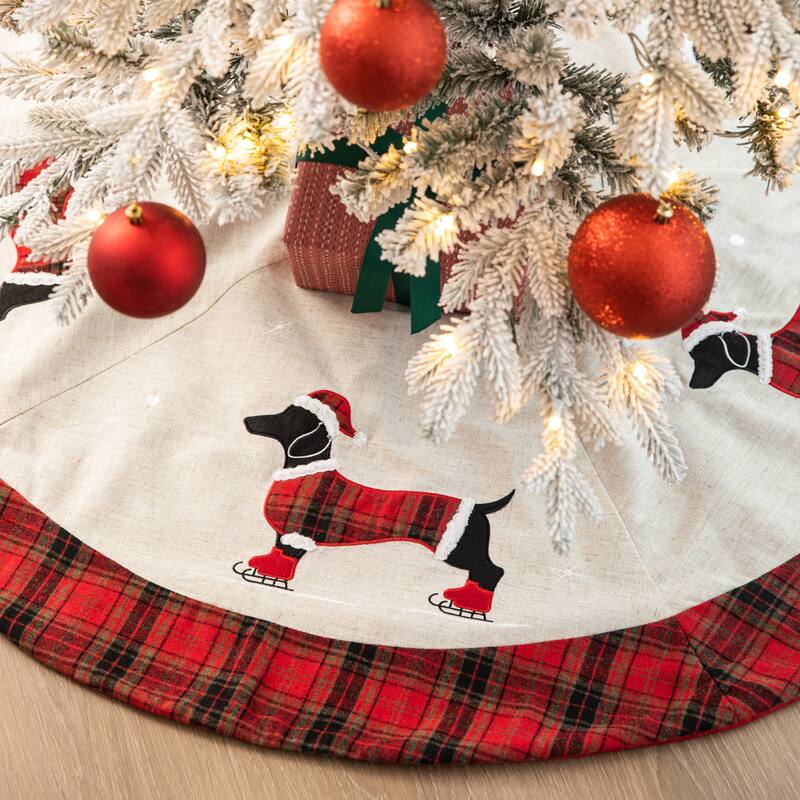 Glitzhome 48"D Traditional Dachshund Happy Holly Days Christmas Tree Skirt With Border