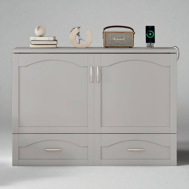 Full/Queen Size Murphy Wall Bed with USB Ports, Power Outlets, Drawers, Pulley System and Foldable Cabinet Design - Grey - Full