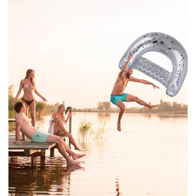 POZA Silver Inflatable Pool Float Chair Filled with Sparkle Confetti - 48 x 38 Inch