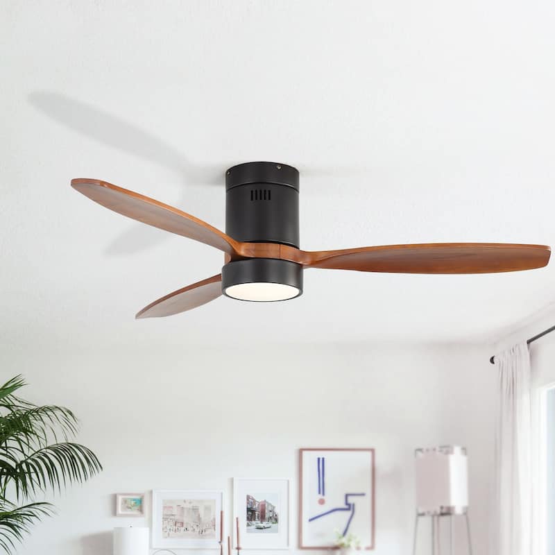 52 Inch Noiseless Flush Mount Ceiling Fan with Remote/Smart App Control,Dimmable Lights Optional,Reversible Motor - 52 Inch - Black and WalnutWood/WithLights(no smart)