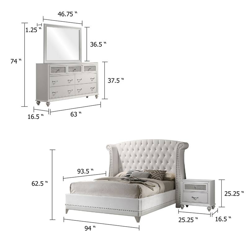 Dini Glam 4pc Cal King Bedroom Set, Tufted Wingback in White Velvet
