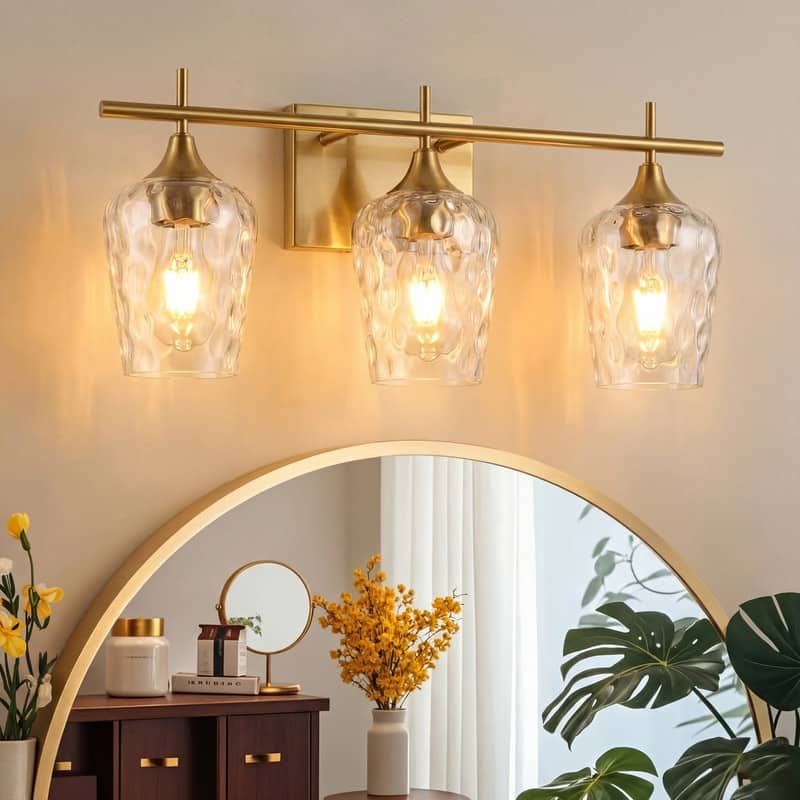3 Light Bathroom Vanity Light with Brushed Brass Finish with Clear Textured Glass Shades
