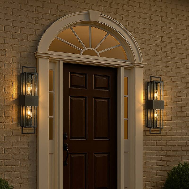 Modern Outdoor Wall Light with Dusk to Dawn Sensor with Seeded Glass 2-Light Waterproof Black Sconce for Porch Garage(2 Pack)