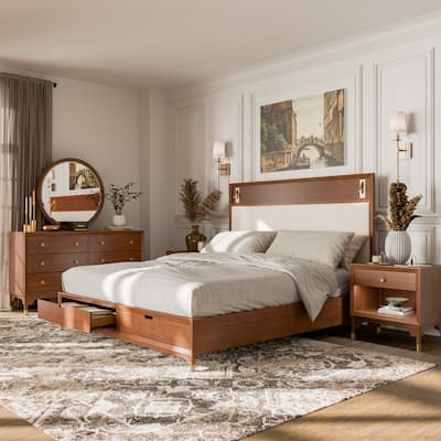 Furniture of America Forma Mid-Century Modern 5-Piece Walnut Solid Wood Storage Platform Bedroom Set