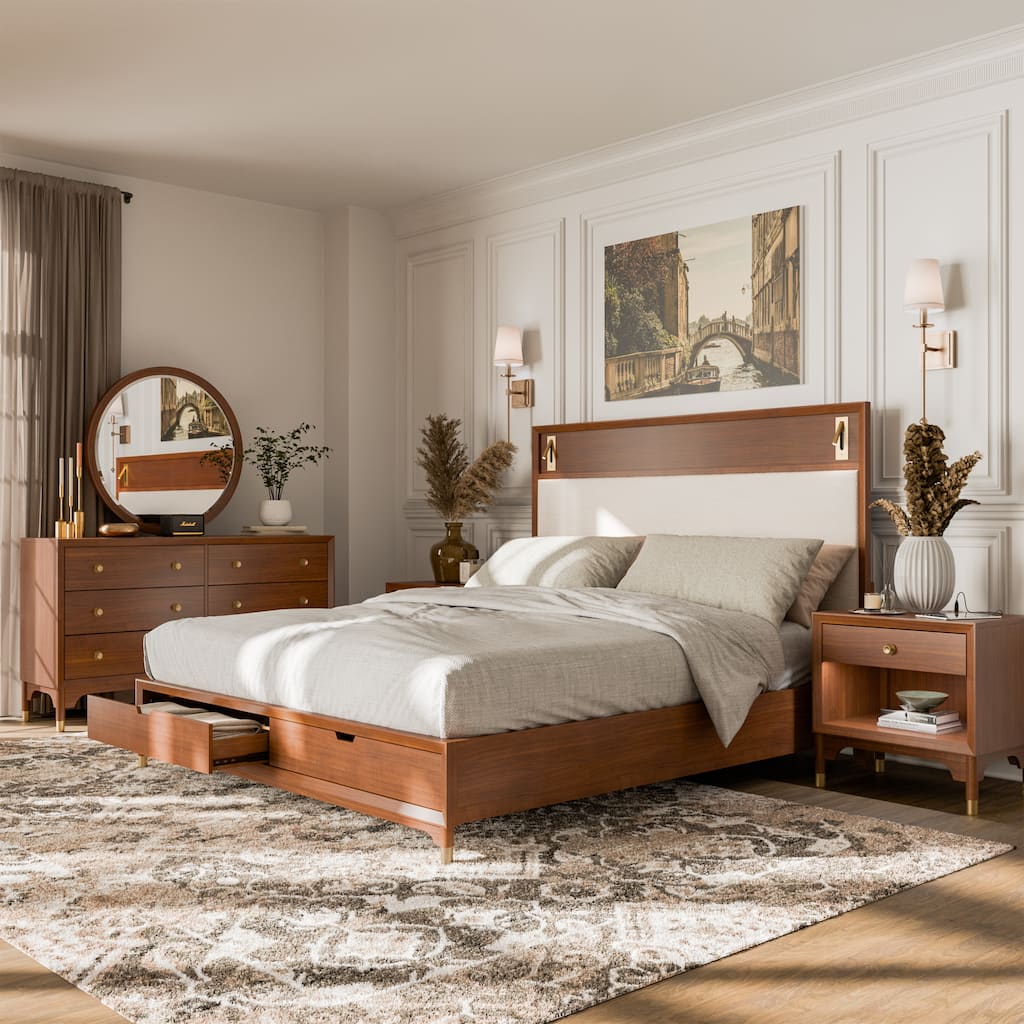 Furniture of America Forma Mid-Century Modern 5-Piece Walnut Solid Wood Storage Platform Bedroom Set