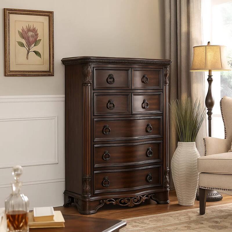 Transitional Wood Chest With Antique Drawer Pulls, Brown