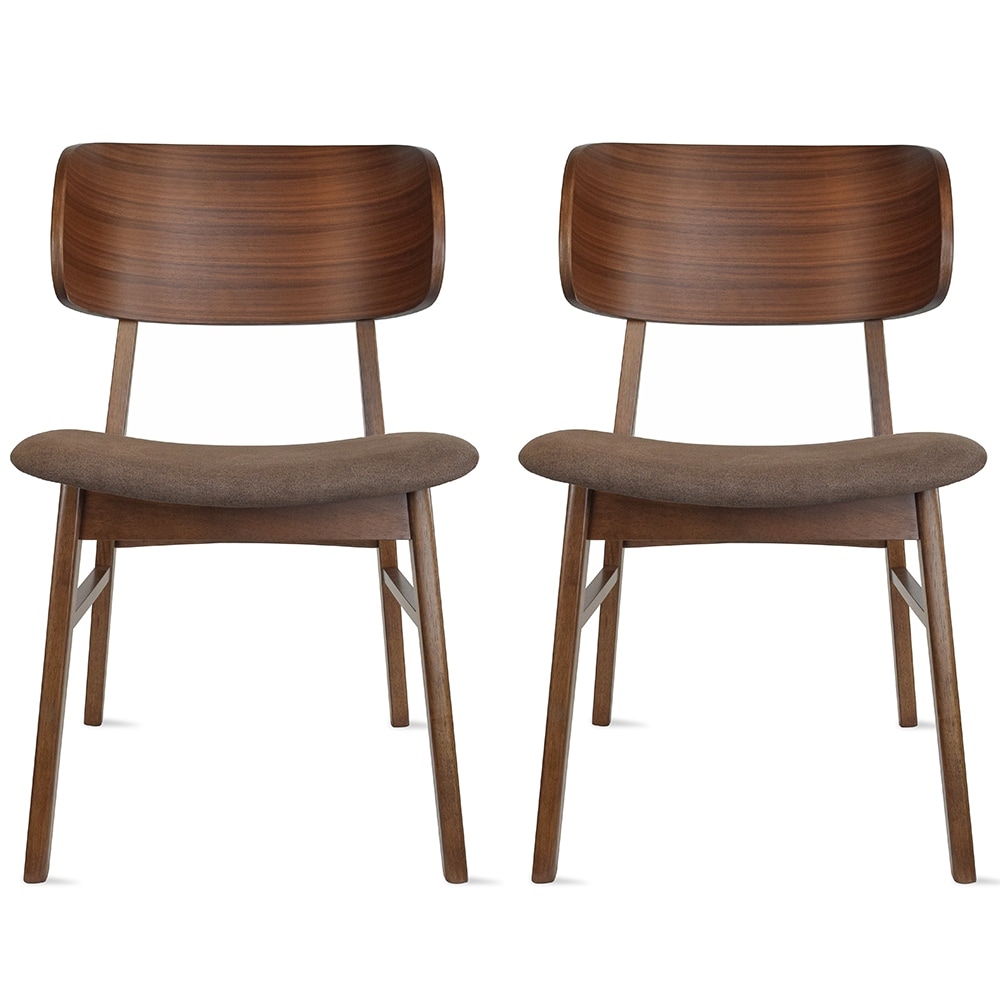 Set of 2 Retro Brown Wood Leg Dining Room Chair With Curved Back Fabric Cushions Upholstered Seat