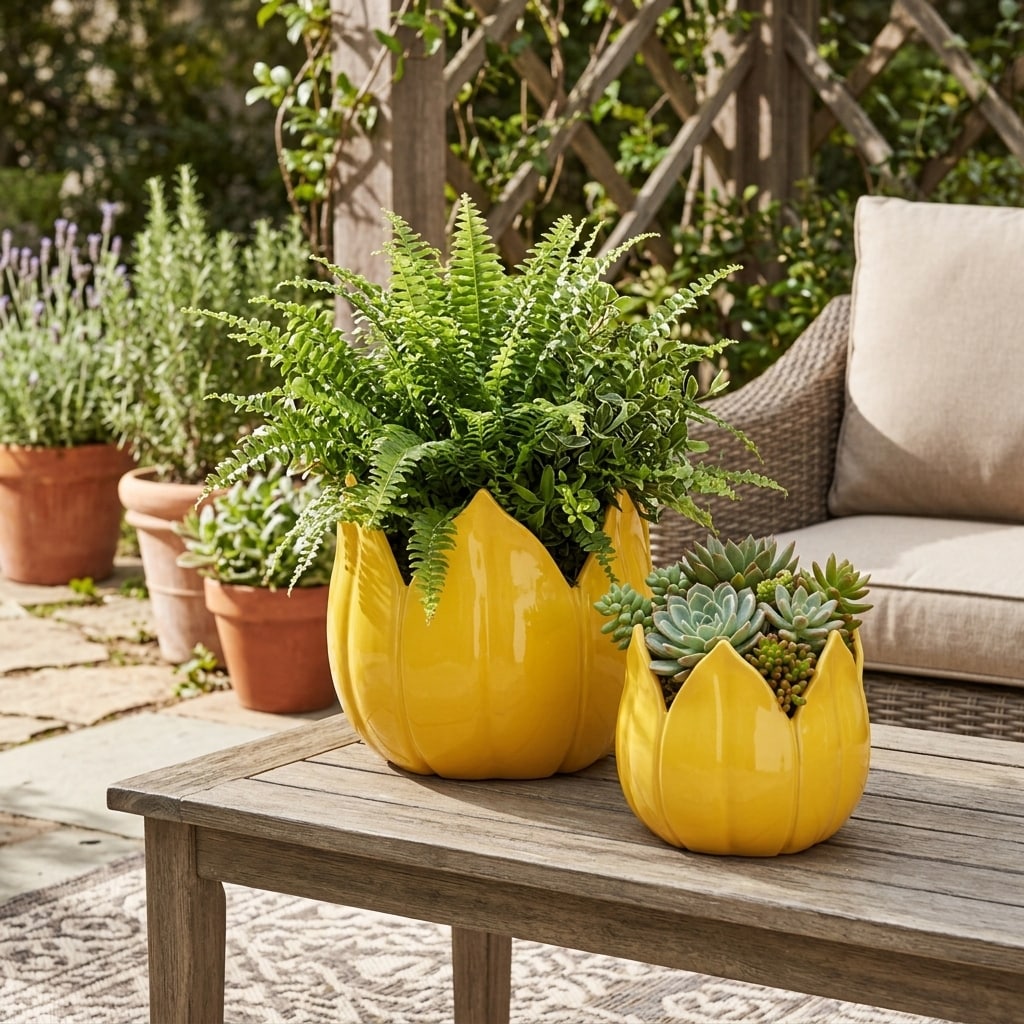 Lotus Petal Shaped Round Ceramic Planters - Set of 2