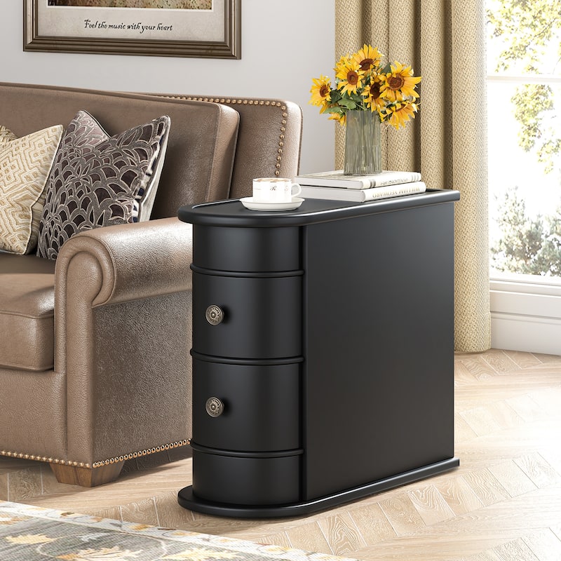 Solid Wood End Table, Two-Drawer Narrow Side Table, Fully Assembled - 1 PCS-2 Drawers - Black